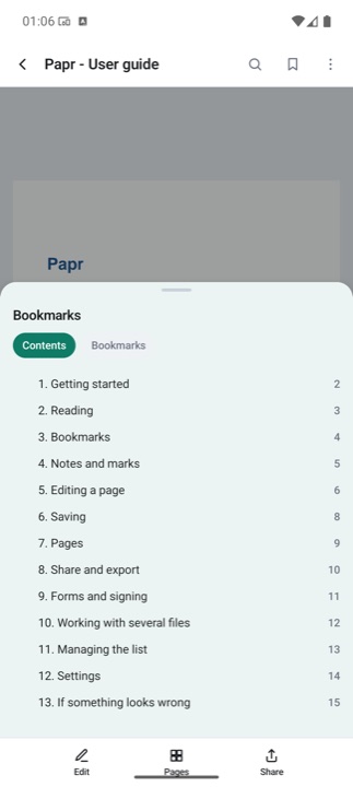A sheet listing the document's own contents alongside a tab for personal bookmarks.