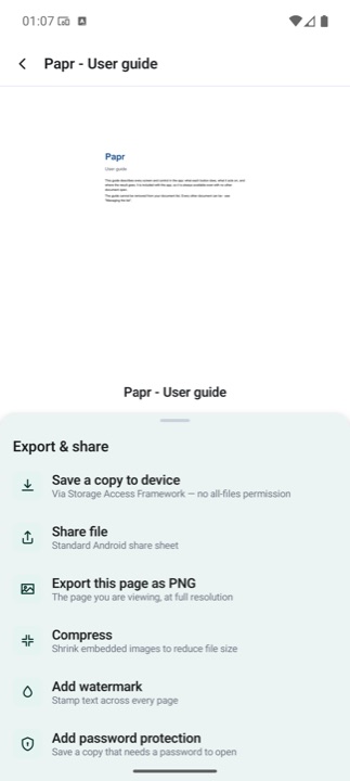 An export sheet offering save a copy, share, export as PNG, compress, watermark and password protection.