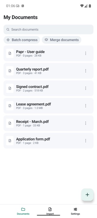 Papr's document list showing recently opened files with page counts and sizes.