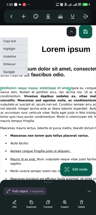 Selected text in a document with a menu offering copy, highlight, underline, strikeout and squiggly.