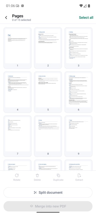 A grid of page thumbnails with rotate, delete, duplicate, extract and split actions.
